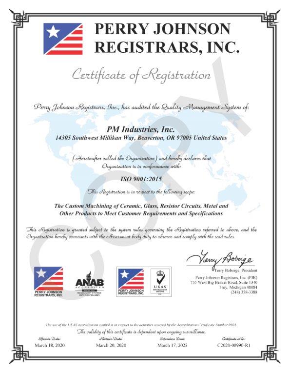 ISO 9001-2015 Certificate PM Industries Inc. CC Final Cert