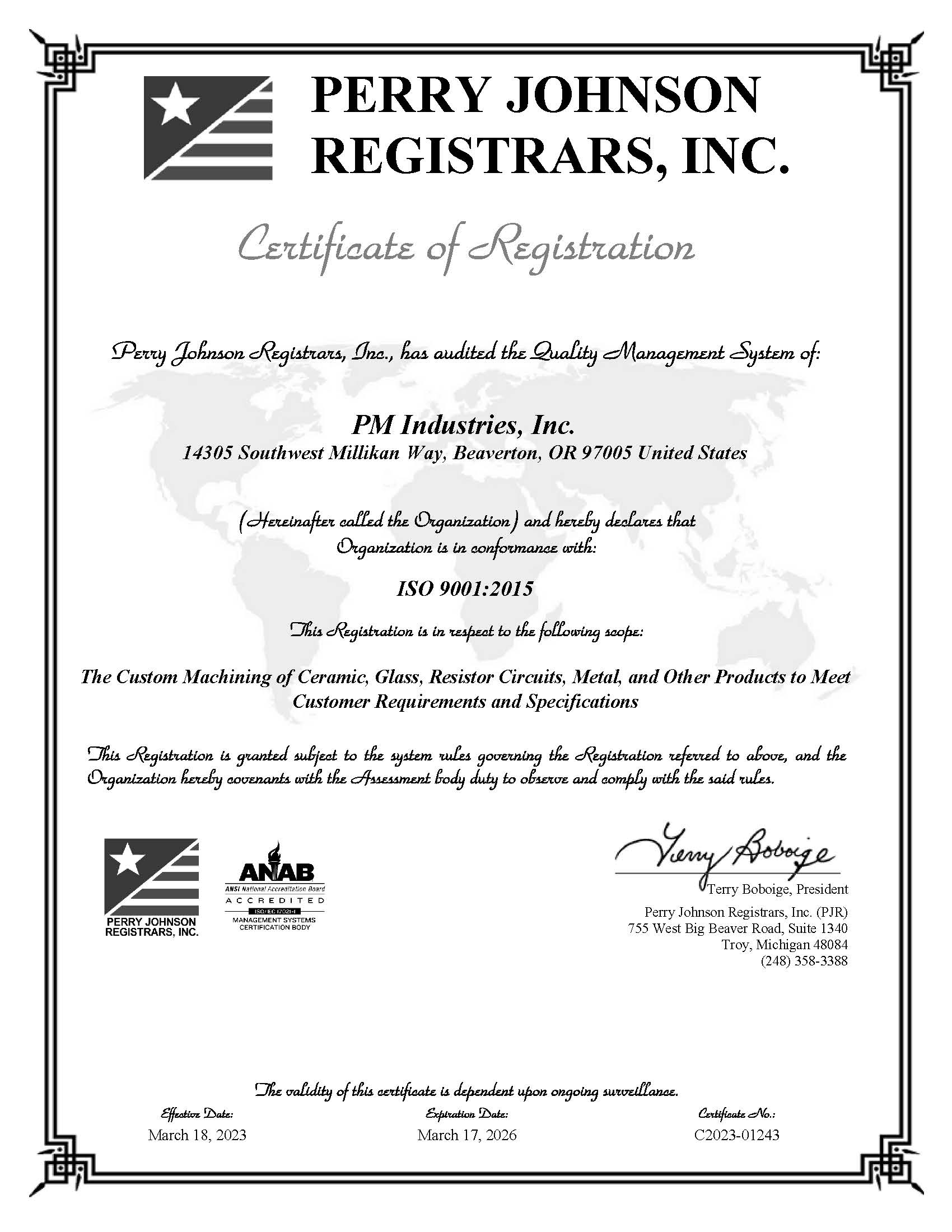 ISO 9001-2015 Certificate PM Industries Inc. CC Final Cert